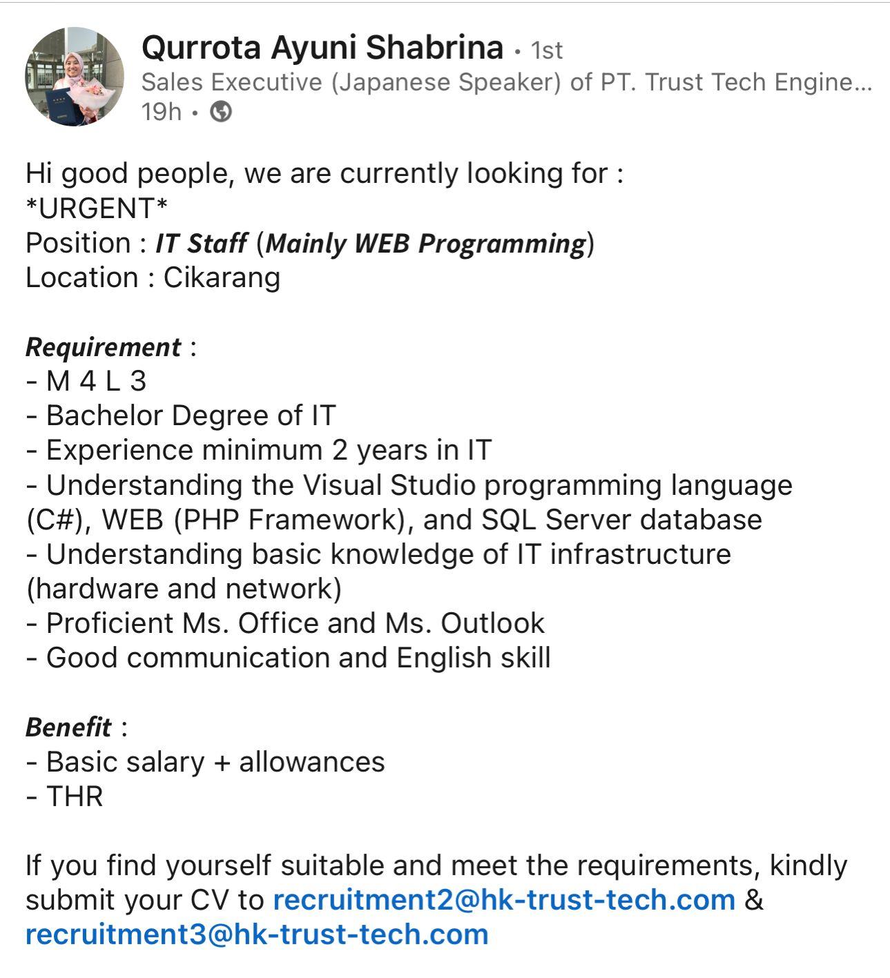 Lowongan Pekerjaan PT. TRUST TECH ENGINEERING SERVICE INDONESIA